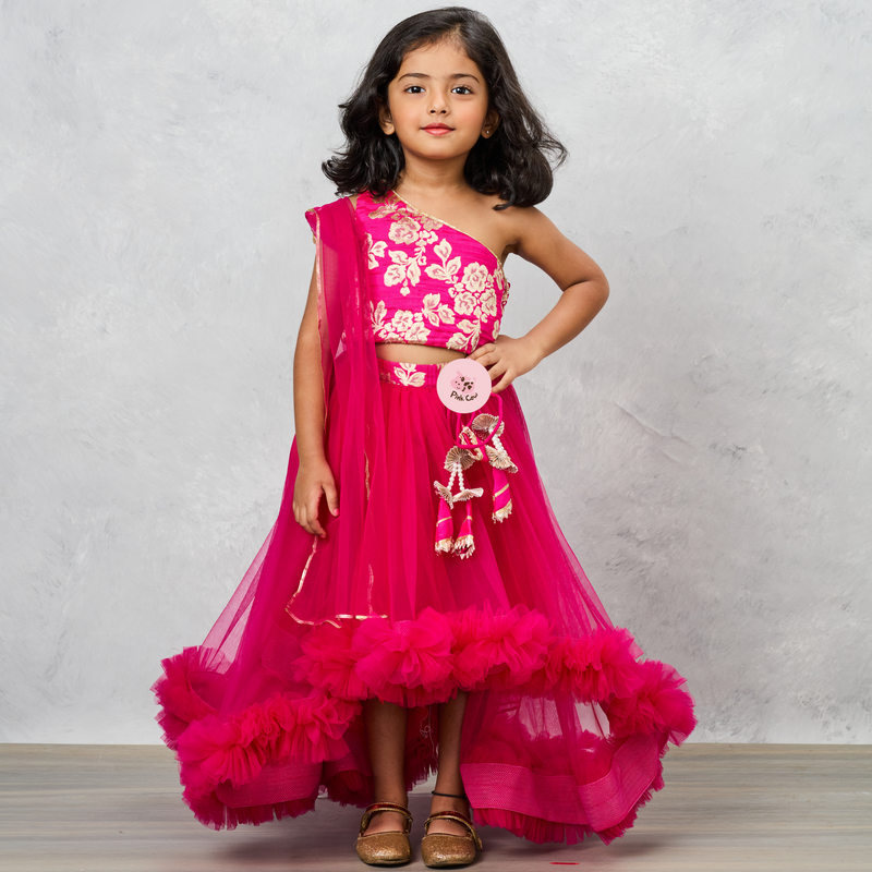 Pink One-Shoulder Brocade Choli with Frilled Net Skirt & Dupatta