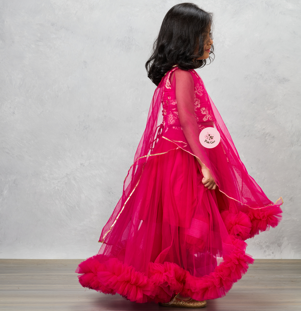 Pink One-Shoulder Brocade Choli with Frilled Net Skirt & Dupatta