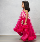 Pink One-Shoulder Brocade Choli with Frilled Net Skirt & Dupatta