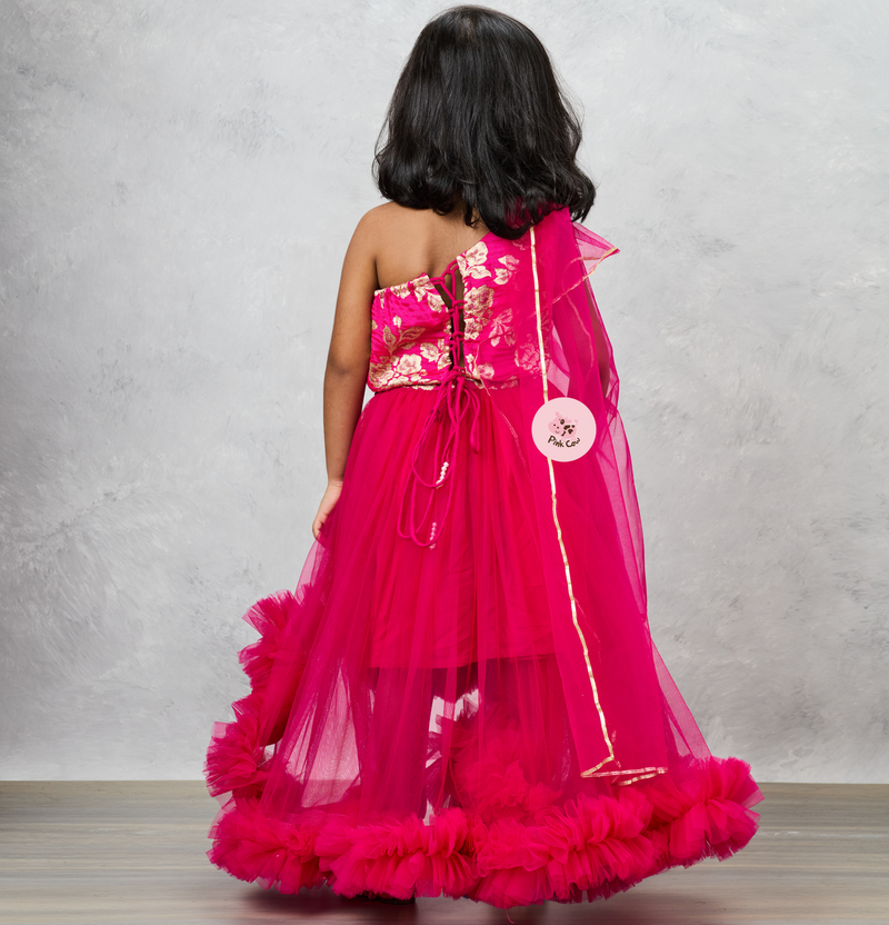 Pink One-Shoulder Brocade Choli with Frilled Net Skirt & Dupatta