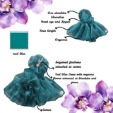 Teal Blue Dress with Organza Flower Enhanced Shoulder and Ghera