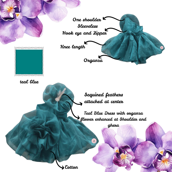 Teal Blue Dress with Organza Flower Enhanced Shoulder and Ghera