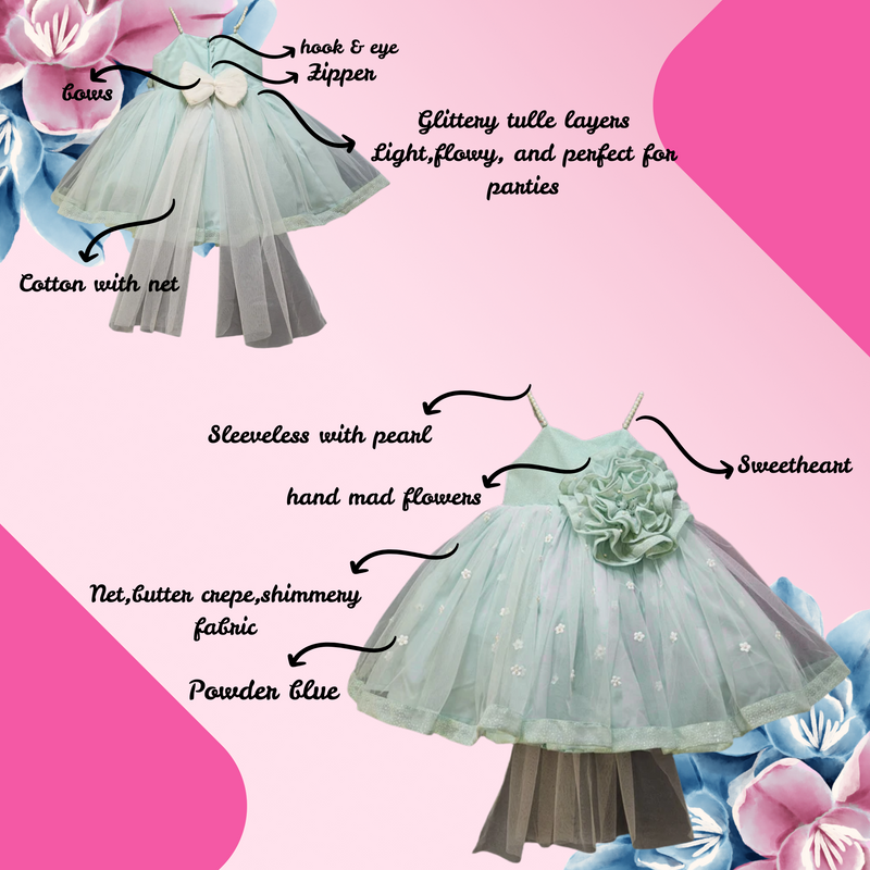LIGHT BLUE SHIMMER NET WITH BIG FLOWER DRESS