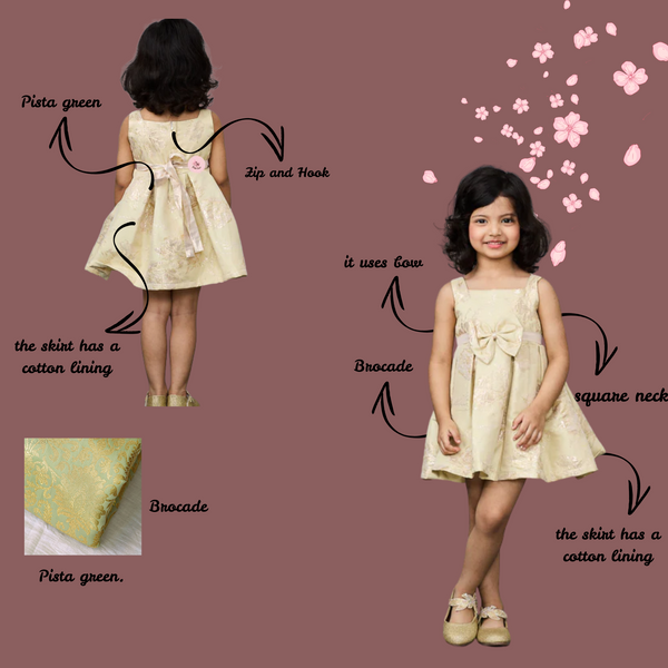 Rich brocade short dress with enhanced bow