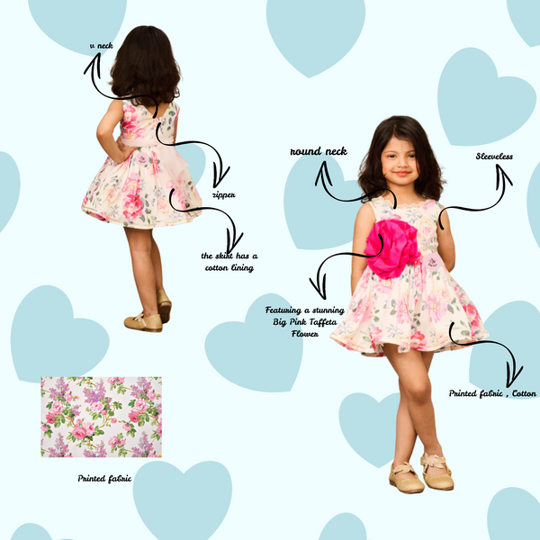 Floral Printed Cotton Dress with Big Pink Taffeta Flower