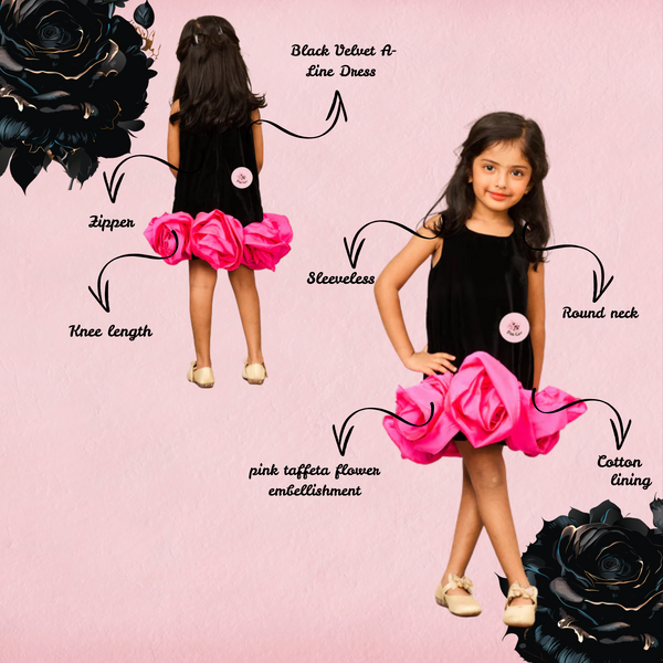 Sophisticated Black Velvet A-Line Dress with Pink Taffeta Flower Accents