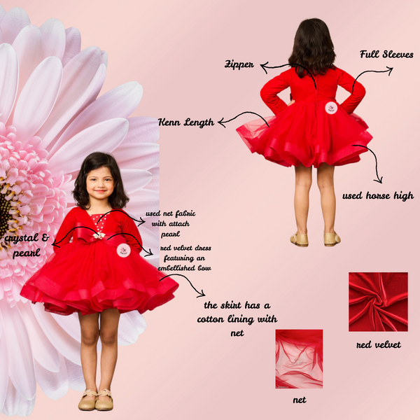 Gorgeous Red Velvet Embellished Bow Dress with Allure Net Bottom