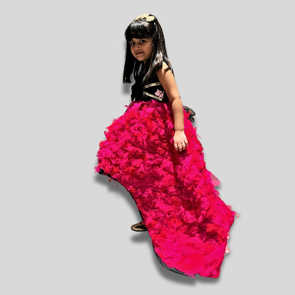 Pink Ruffle Ghera High-Low Gown with Lace-Embellished Black Top and Bow