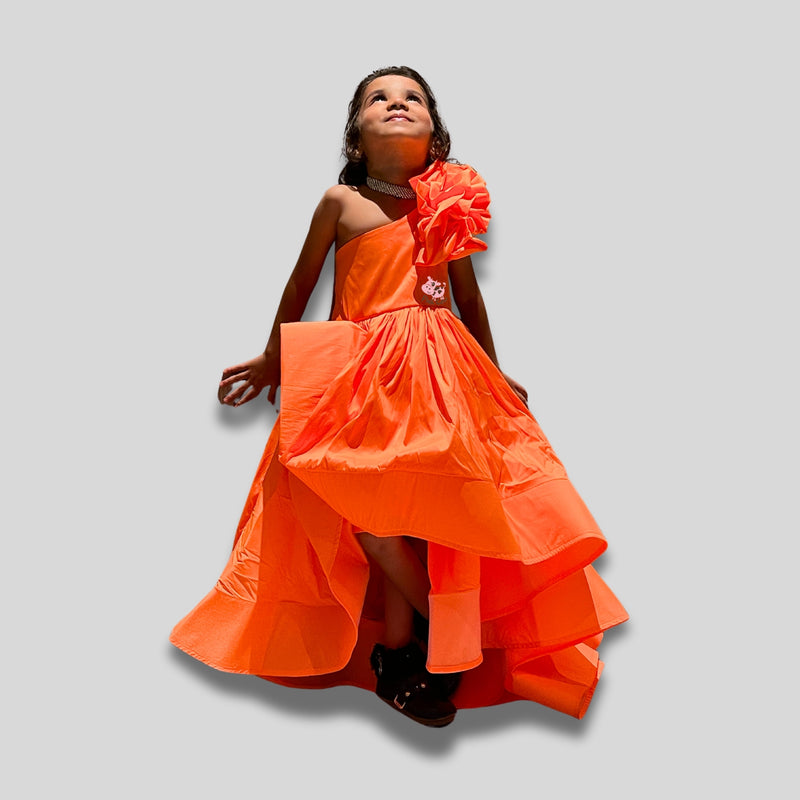 Orange silk ruffled gown