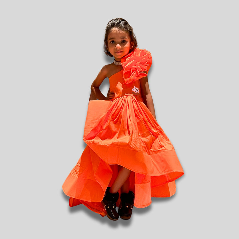 Orange silk ruffled gown