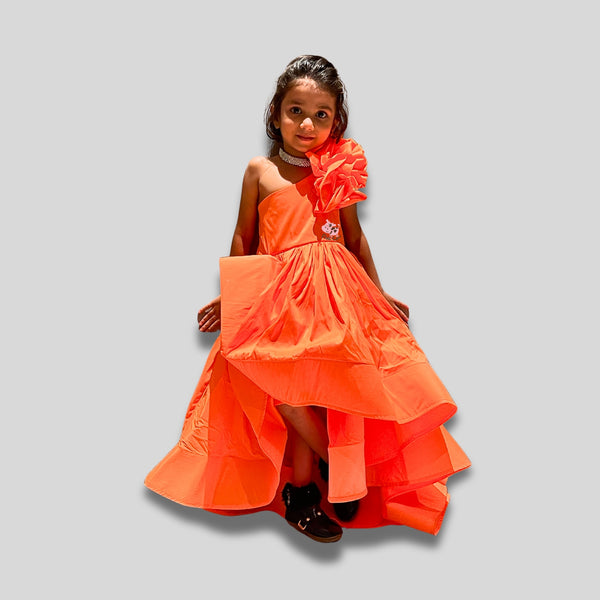 Orange silk ruffled gown