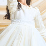 off-white layered party and bithday wear dress with lace waist belt and pleated ruffle hem  3/4 sleeves white