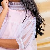 Cotton Fabric Woven Three Fourth Sleeves Dress With Tulle Layering White