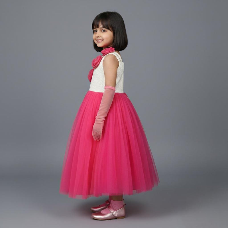 EXQUISITE ELEGANT ONE SHOULDER GOWN WITH ATTACHED FLOWER DETAIL FEATURING FRILLED GHAGRA & SKIRT