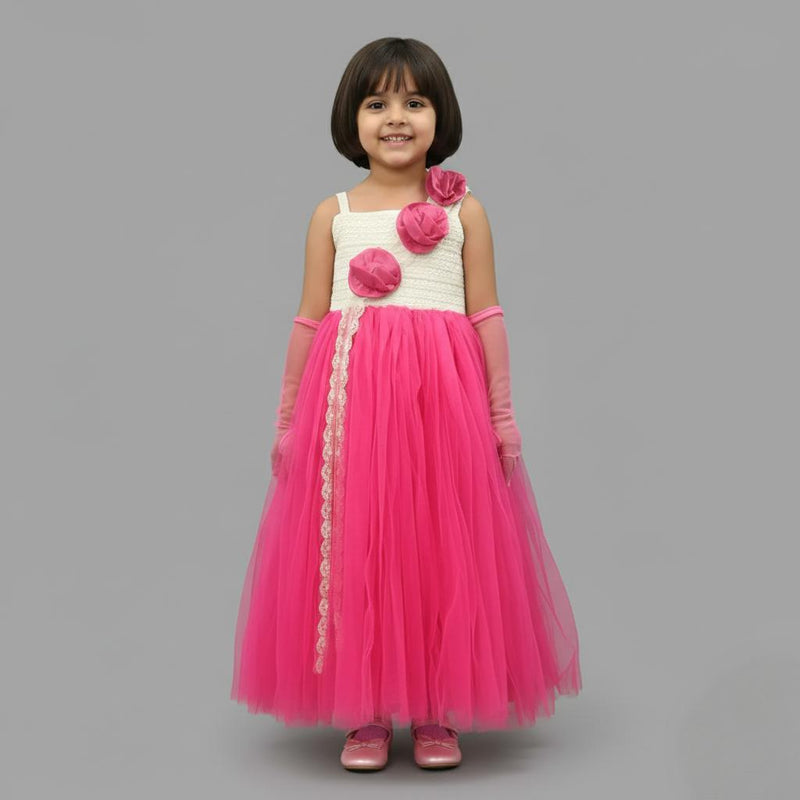 EXQUISITE ELEGANT ONE SHOULDER GOWN WITH ATTACHED FLOWER DETAIL FEATURING FRILLED GHAGRA & SKIRT