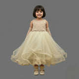 SLEEVELESS GOWN WITH FRONT PEARL & MINI FLOWER DETAIL FEATURING A STYLISH ZIP CLOSURE