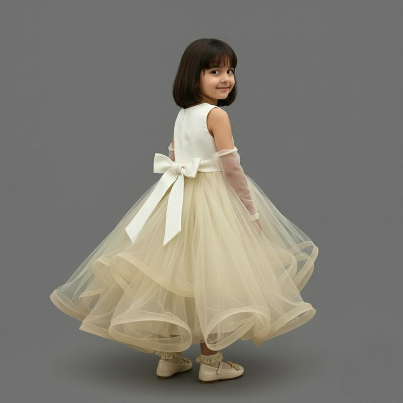 SLEEVELESS GOWN WITH FRONT PEARL & MINI FLOWER DETAIL FEATURING A STYLISH ZIP CLOSURE