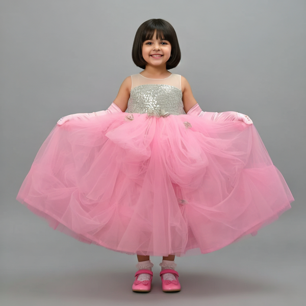 RADIANT GLAMOUR SEQUIN ADORNED BODICE NET FLARED PARTY GOWN WITH GOLD DRAPED SKIRT & DELICATE NET FLOWERS