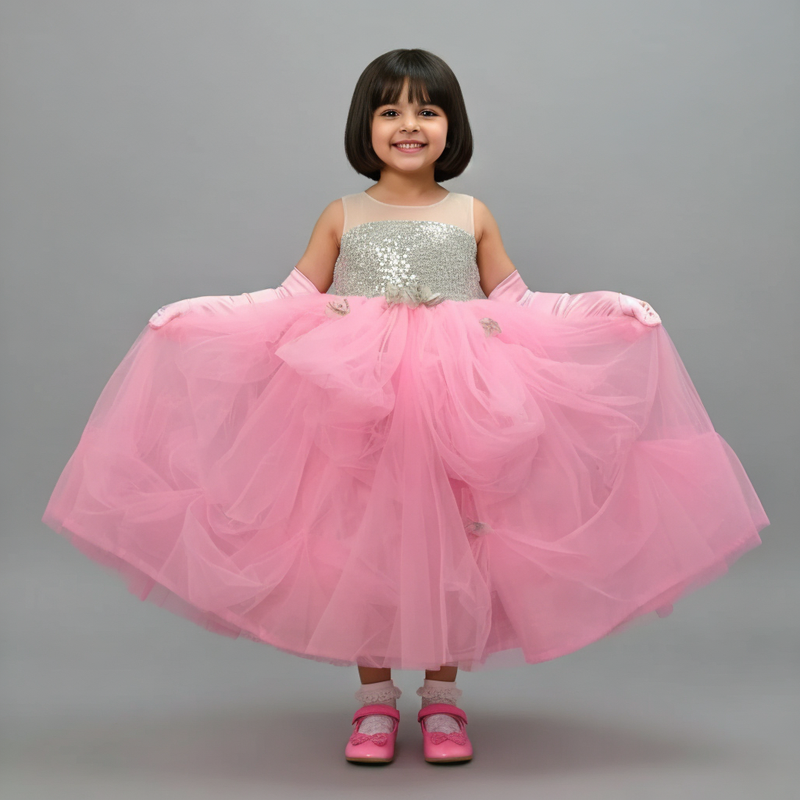 RADIANT GLAMOUR SEQUIN ADORNED BODICE NET FLARED PARTY GOWN WITH GOLD DRAPED SKIRT & DELICATE NET FLOWERS