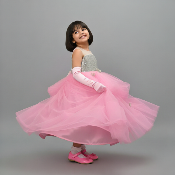 RADIANT GLAMOUR SEQUIN ADORNED BODICE NET FLARED PARTY GOWN WITH GOLD DRAPED SKIRT & DELICATE NET FLOWERS