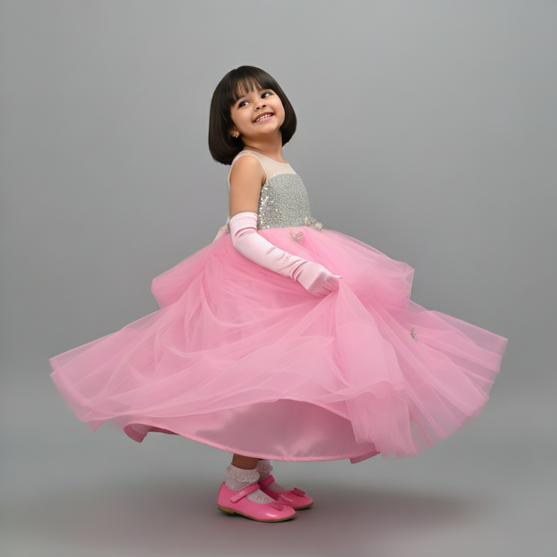 RADIANT GLAMOUR SEQUIN ADORNED BODICE NET FLARED PARTY GOWN WITH GOLD DRAPED SKIRT & DELICATE NET FLOWERS