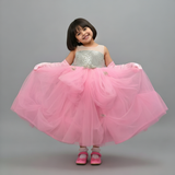 RADIANT GLAMOUR SEQUIN ADORNED BODICE NET FLARED PARTY GOWN WITH GOLD DRAPED SKIRT & DELICATE NET FLOWERS