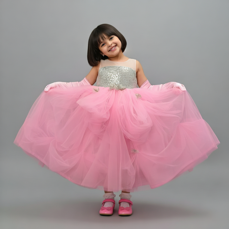 RADIANT GLAMOUR SEQUIN ADORNED BODICE NET FLARED PARTY GOWN WITH GOLD DRAPED SKIRT & DELICATE NET FLOWERS