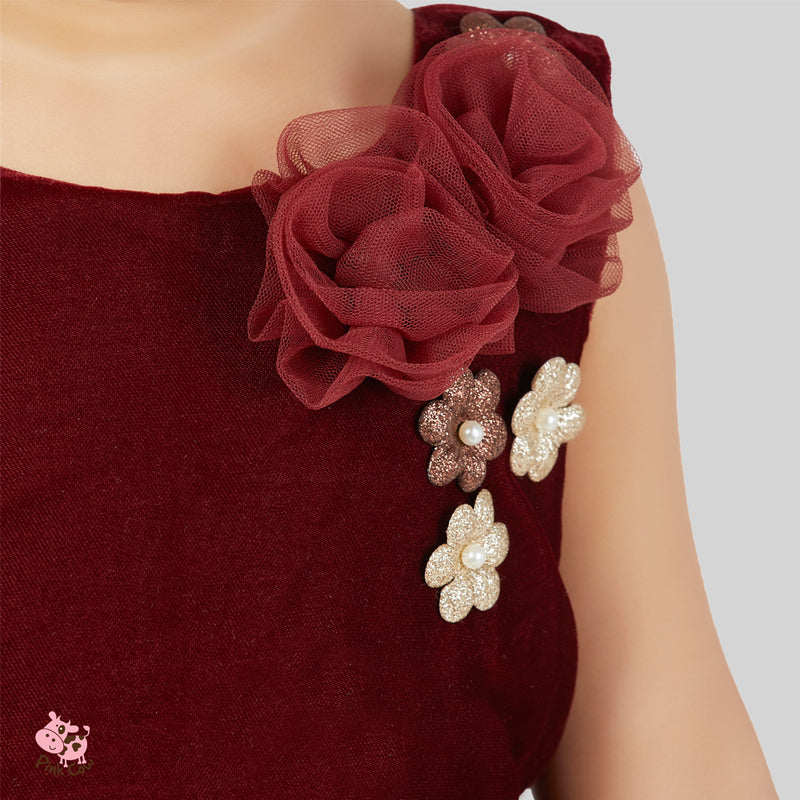 Maroon Velvet Gown with Floral Embellishments