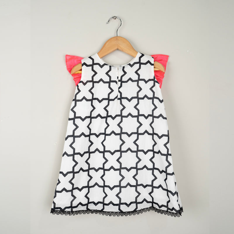Cotton printed dress with frill chest