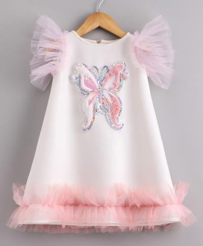 Sequin And Furry Butterfly Patch White Dress