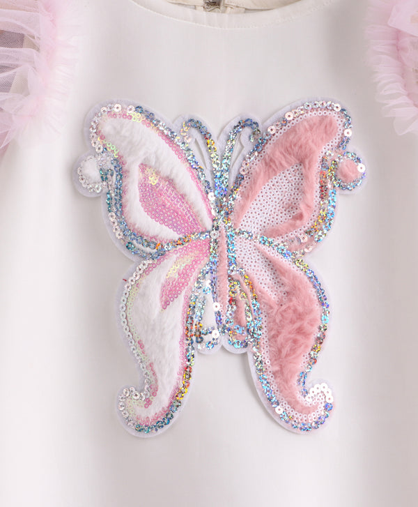 Sequin And Furry Butterfly Patch White Dress