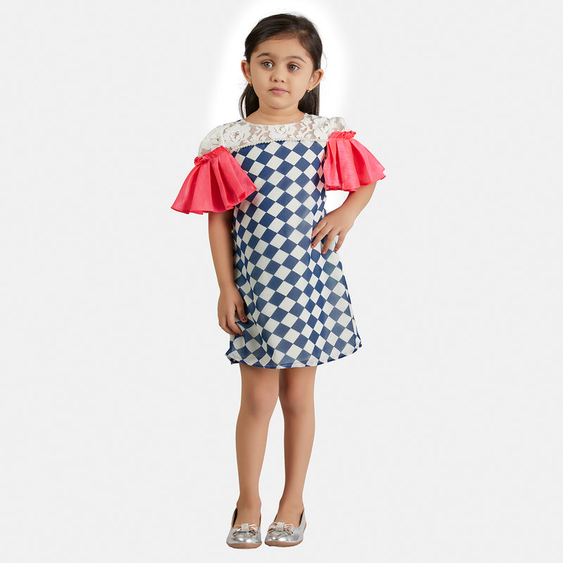 Pink Frilled Sleeve with Lace and Checkered Body Aline Dress