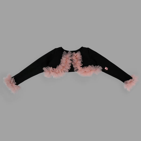 Black  shrug with peach frill and pearls