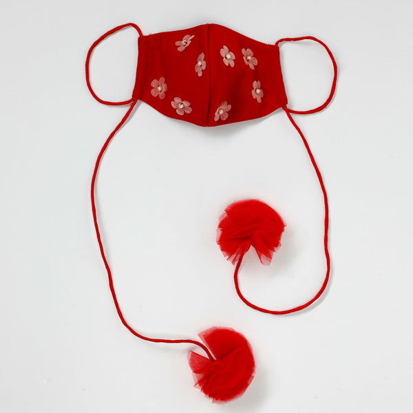 Red Adjustable String Mask with Flowers and Pompom - Pack of Three