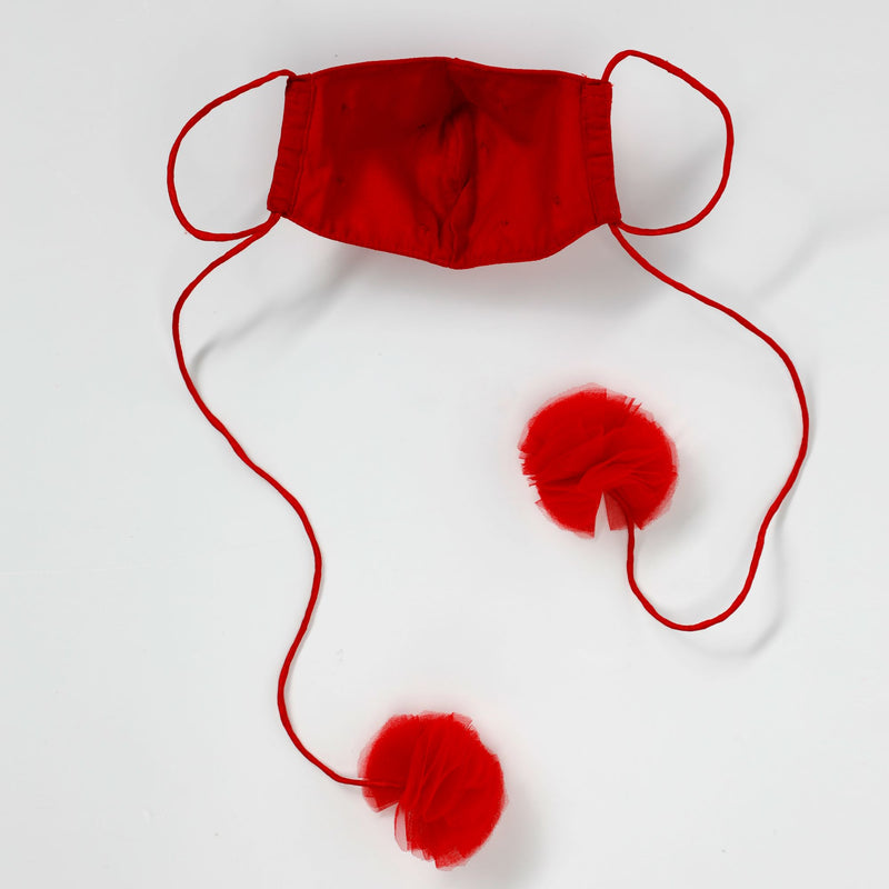 Red Adjustable String Mask with Flowers and Pompom - Pack of Three