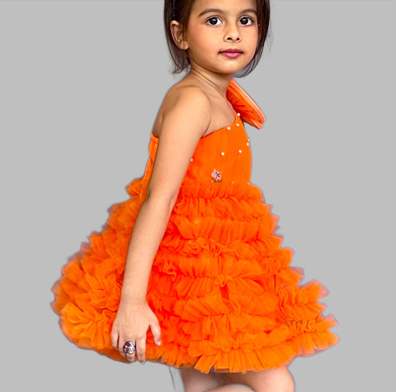 Swirly One Shoulder Orange Dress